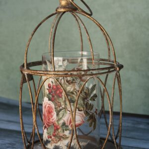 Gold Birdcage with Candle Holder with Roses and Berries