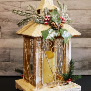 Lantern with Greenery, Berries and Snow